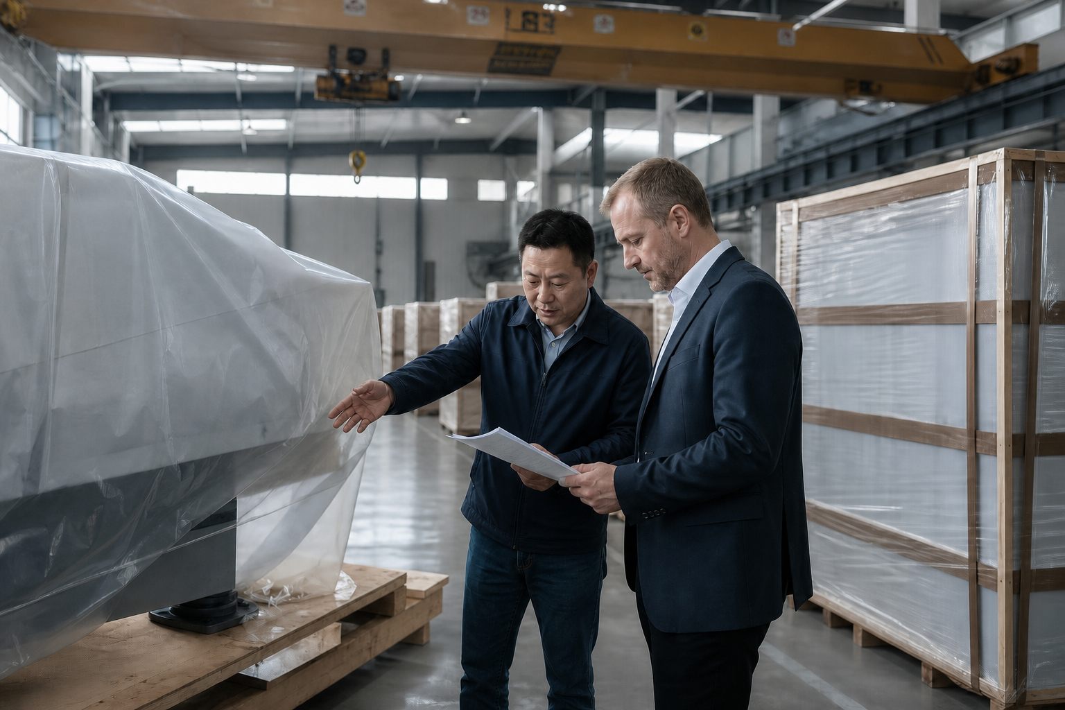 Client and project manager reviewing export-ready equipment