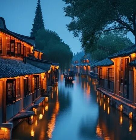 Wuzhen water town illuminated at night